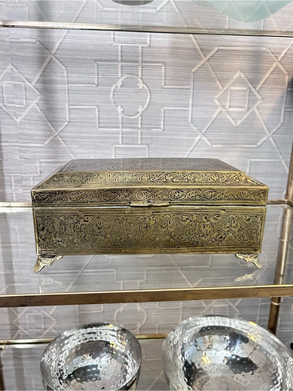 Vintage Etched Brass Jewelry Box Red Velvet Lined Trinket Box
